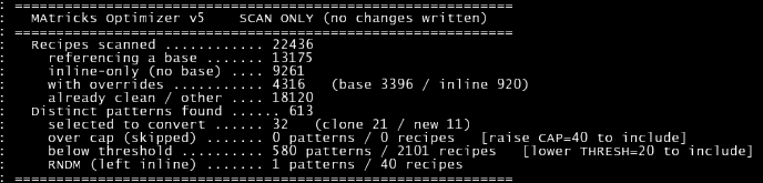 The MAtricks Optimizer scan report in the System Monitor, headed SCAN ONLY, no changes written: 22,436 recipes scanned, 613 distinct patterns found, and 32 patterns selected to convert